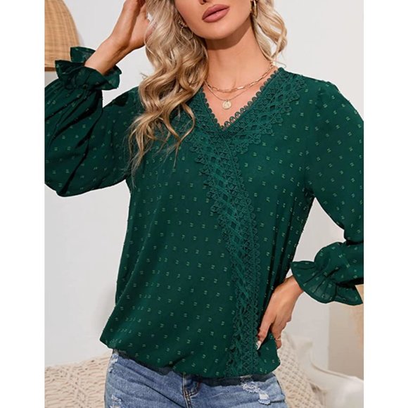 Green Off-White Crochet Lace V-Neck Long Sleeve Bishop Dressy Top Blouse - Picture 4 of 6